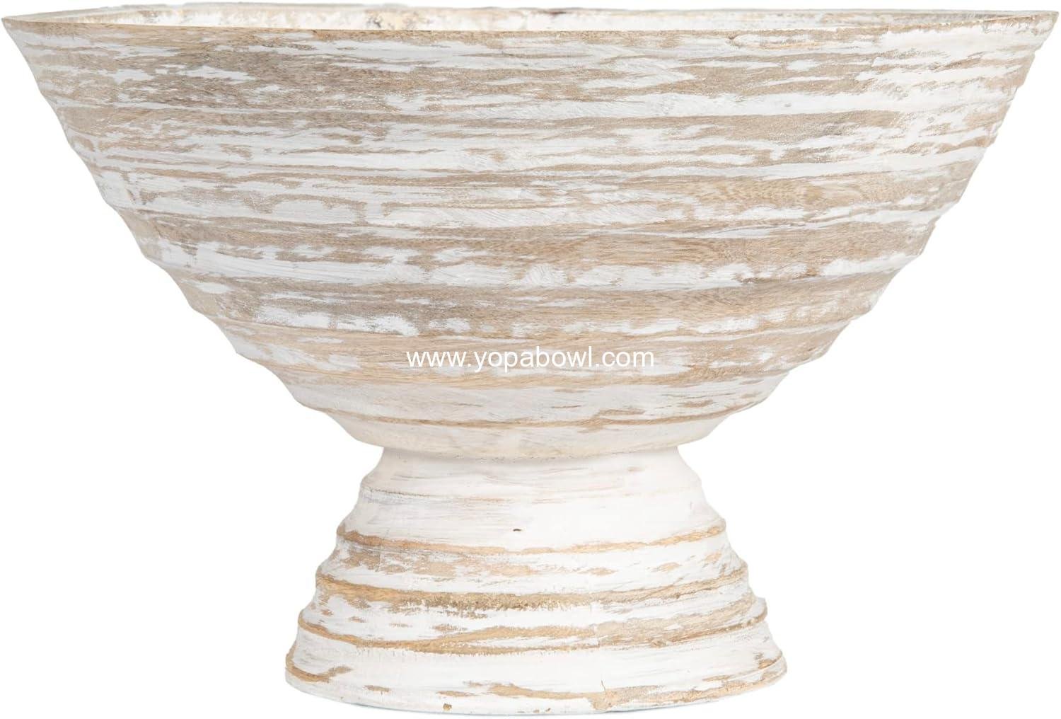 Wholesale Boho Wood Pedestal Serving Bowl, White Wash Finish, 12-Inch Diameter, Factory Wholesale Boho Wood Pedestal Serving Bowl, White Wash Finish, 12-Inch Diameter, Factory