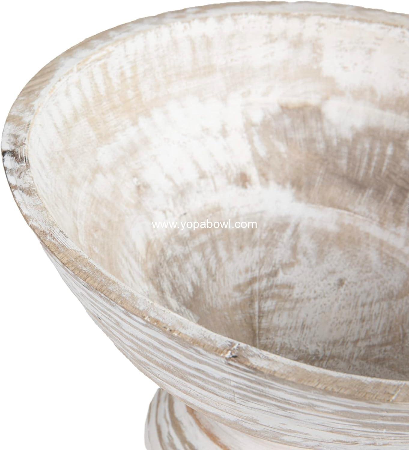 Wholesale Boho Wood Pedestal Serving Bowl, White Wash Finish, 12-Inch Diameter, Factory Wholesale Boho Wood Pedestal Serving Bowl, White Wash Finish, 12-Inch Diameter, Factory