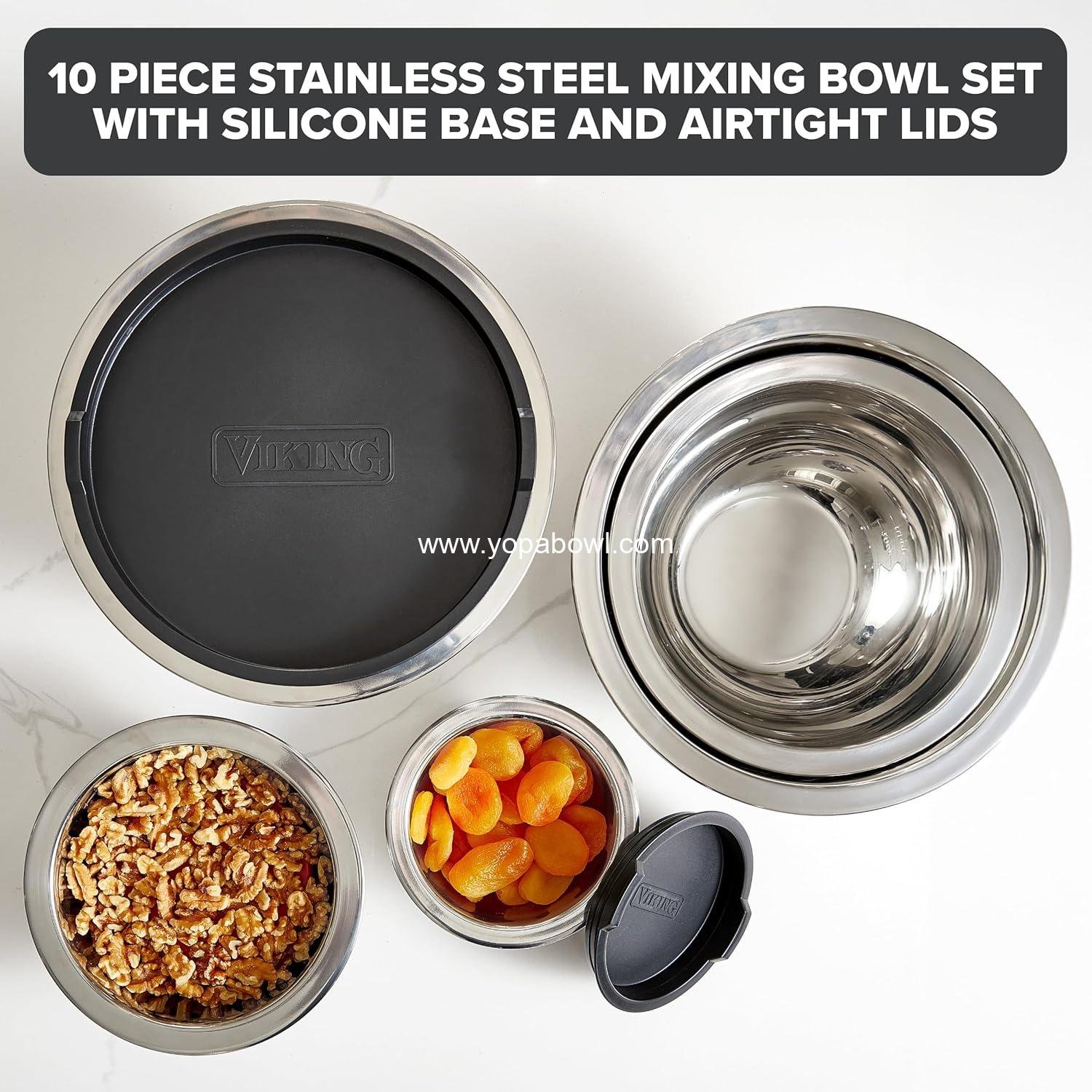 OEM 10-Piece Stainless Steel Mixing Bowls Set with Non-Slip Silicone Base and Tight Fit Lids, Dishwasher Safe, Black Factory