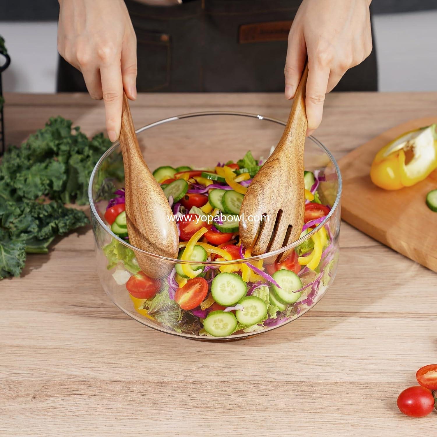 Wholesale Large Glass Salad Bowl with Acacia Wood Tongs - Stable Design, Versatile Serving Dish for Salads & Fruits, Perfect for Gatherings & Daily Dining - Factory