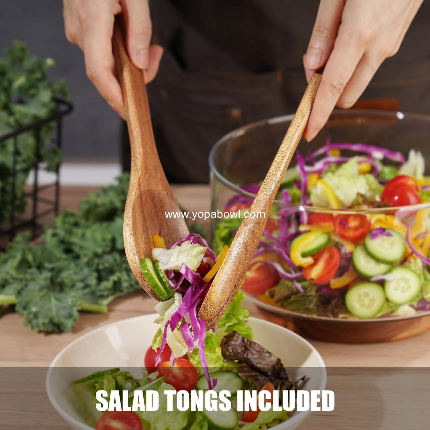 Wholesale Large Glass Salad Bowl with Acacia Wood Tongs - Stable Design, Versatile Serving Dish for Salads & Fruits, Perfect for Gatherings & Daily Dining - Factory