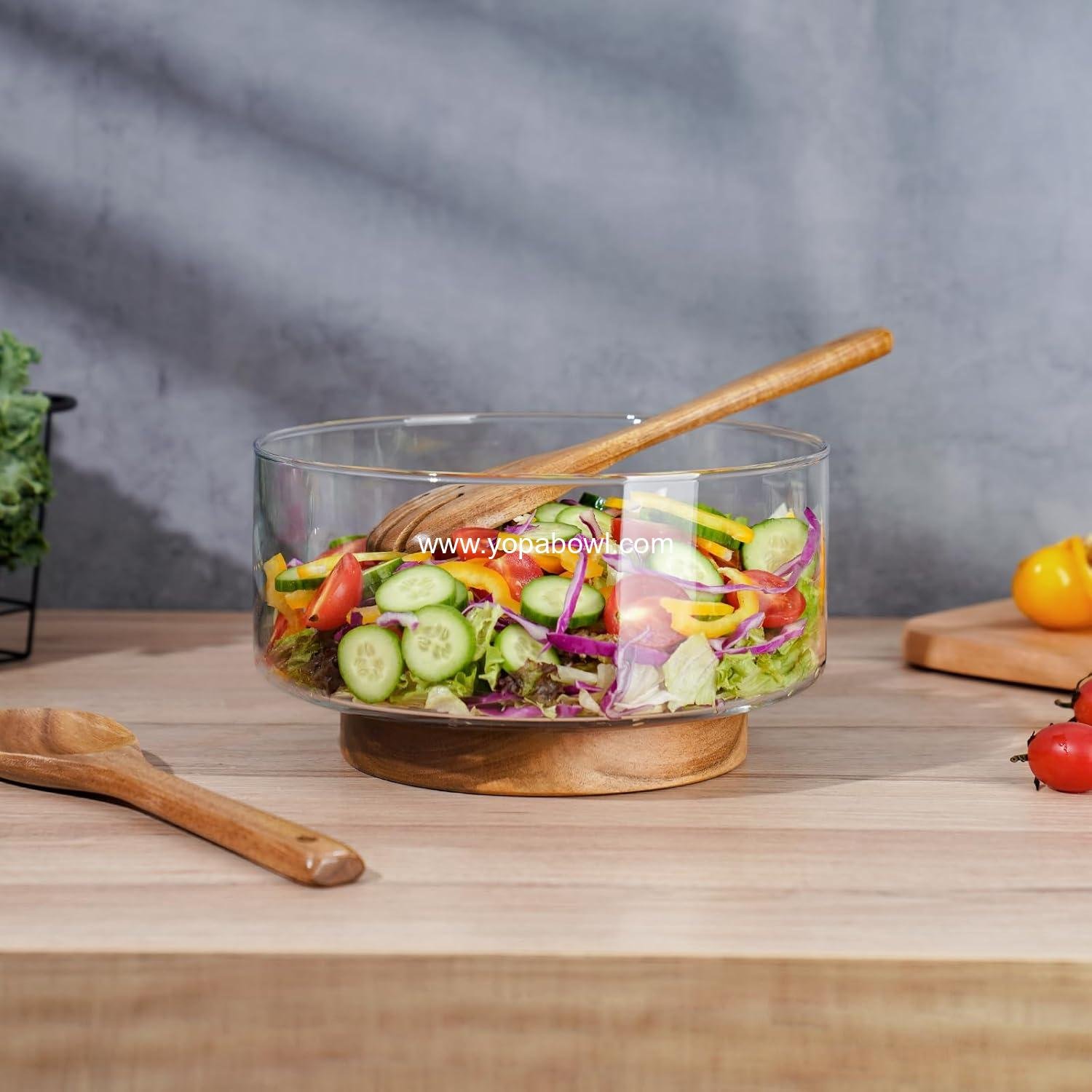 Wholesale Large Glass Salad Bowl with Acacia Wood Tongs - Stable Design, Versatile Serving Dish for Salads & Fruits, Perfect for Gatherings & Daily Dining - Factory