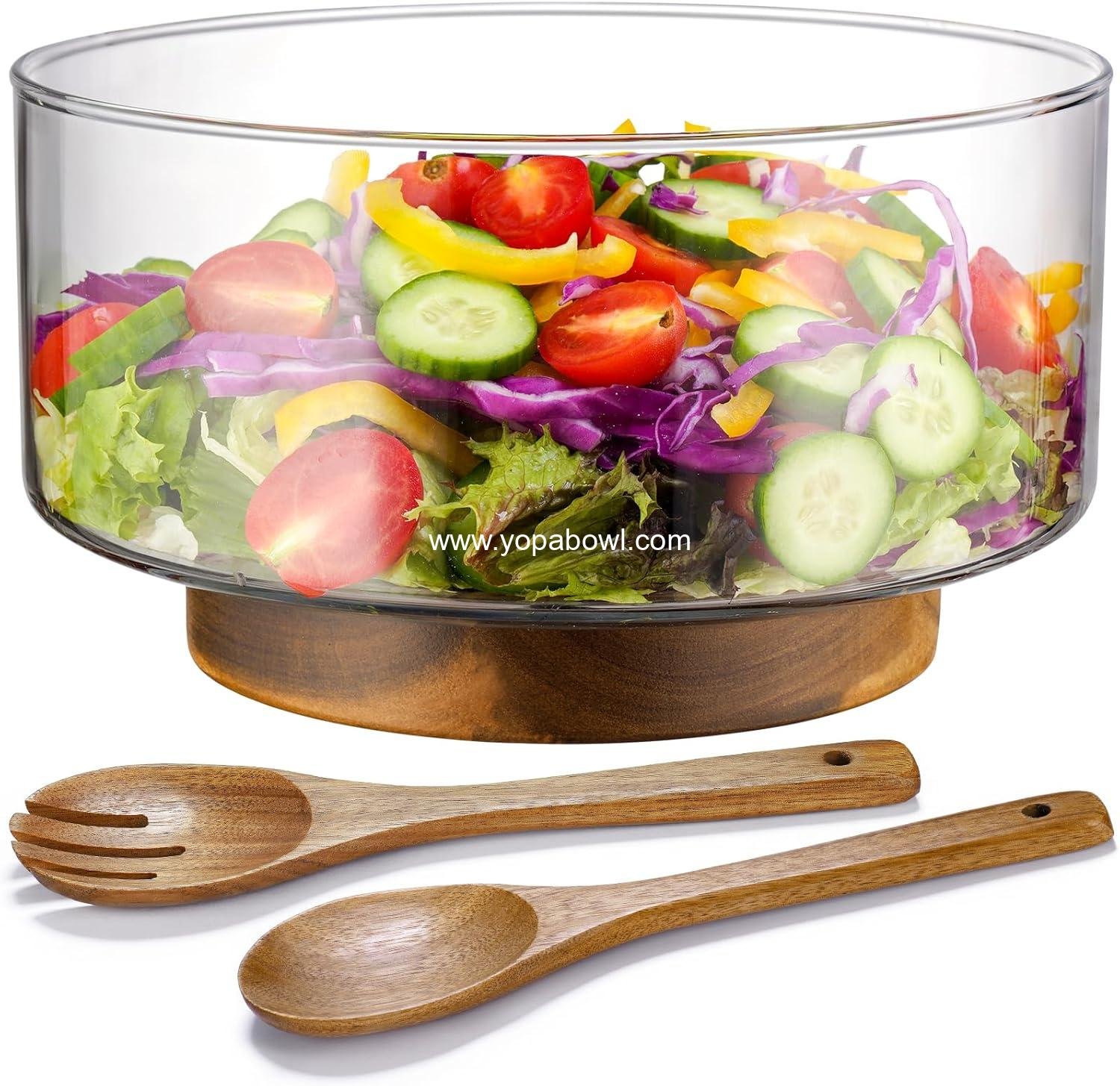 NiHome Glass Salad Bowl with Acacia Wood Salad Tongs, Large Capacity Design with Enhanced Stability, Versatile Serving Dish for Salads, Fruits, Ideal for Gatherings & Daily Family Dining