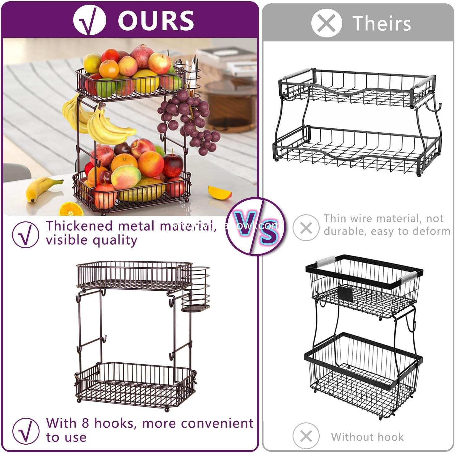 OEM Heavy 2-Tier Fruit Basket for Kitchen Counter with Side Storage, Upgraded 8 Banana Hangers, Detachable Metal Bowl for Fruit and Vegetable Storage - Factory
