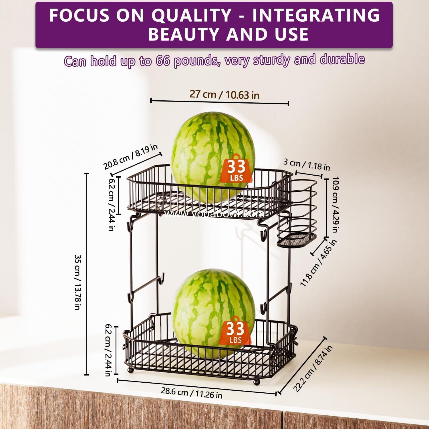 OEM Heavy 2-Tier Fruit Basket for Kitchen Counter with Side Storage, Upgraded 8 Banana Hangers, Detachable Metal Bowl for Fruit and Vegetable Storage - Factory