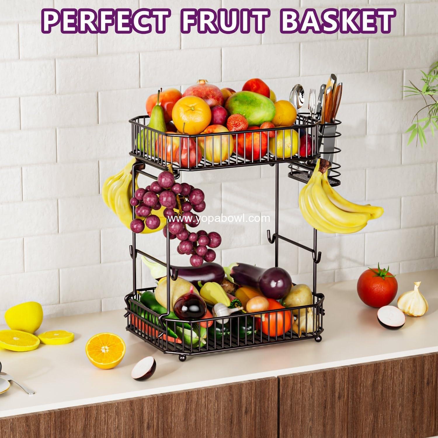 OEM Heavy 2-Tier Fruit Basket for Kitchen Counter with Side Storage, Upgraded 8 Banana Hangers, Detachable Metal Bowl for Fruit and Vegetable Storage - Factory