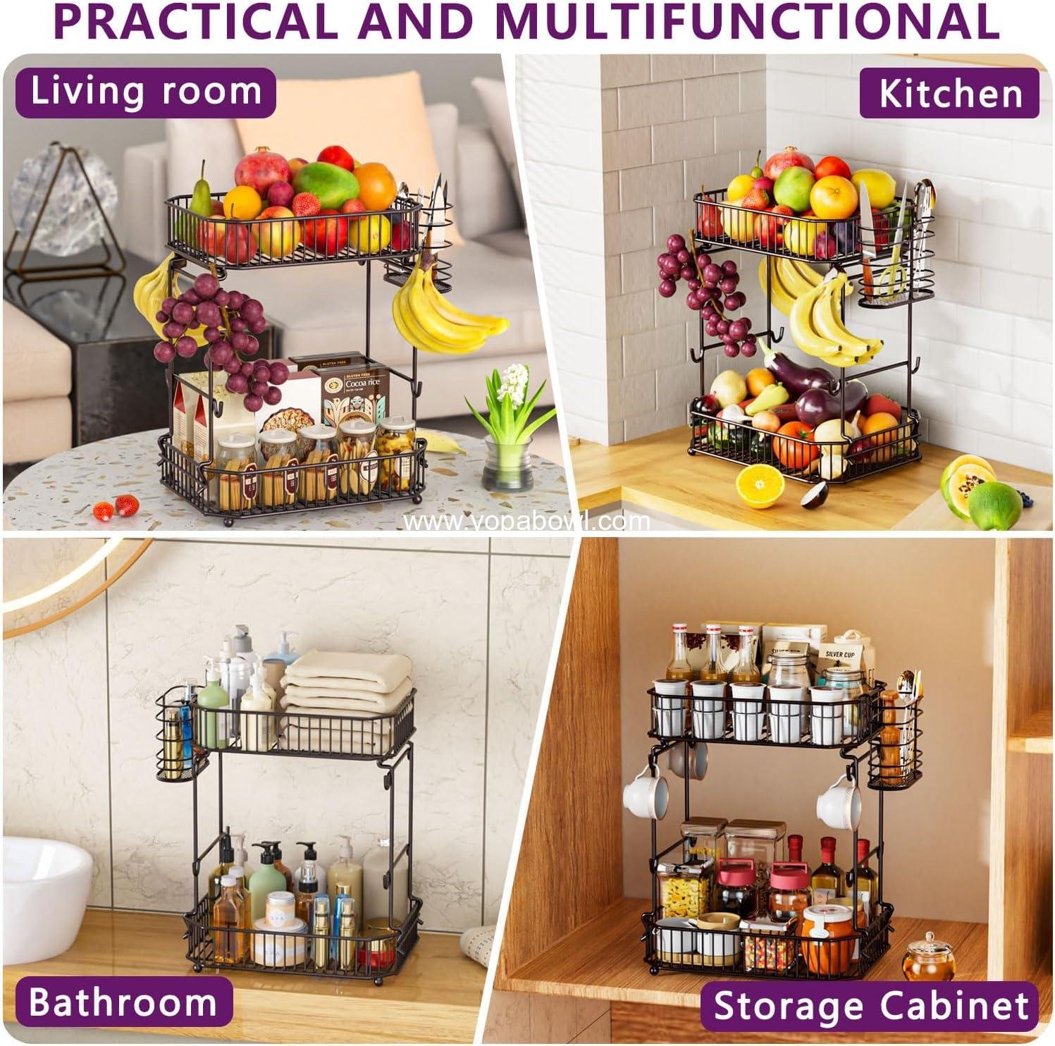 OEM Heavy 2-Tier Fruit Basket for Kitchen Counter with Side Storage, Upgraded 8 Banana Hangers, Detachable Metal Bowl for Fruit and Vegetable Storage - Factory