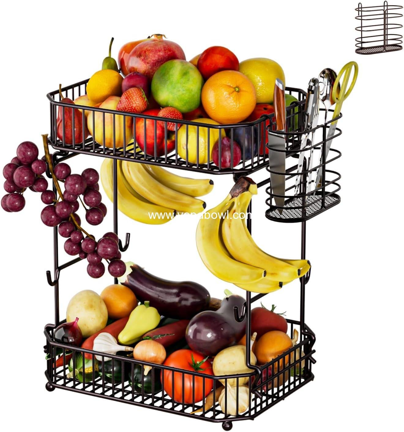 Heavy 2 Tier Fruit Basket for Kitchen Counter，with Side Storage Basket，Upgraded with 8 Banana Hangers, Detachable Metal Fruit Bowl for Kitchen countertop for Fruit and Vegetable Storage