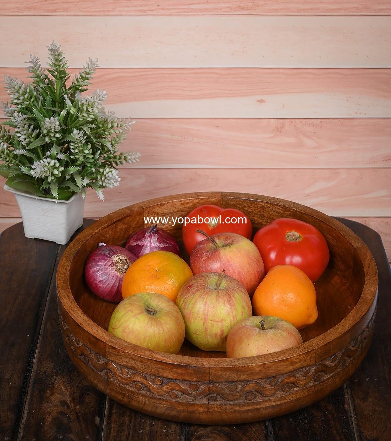 Wholesale Decorative Round Carved Mango Wood Bowl for Centerpiece Decoration, 10