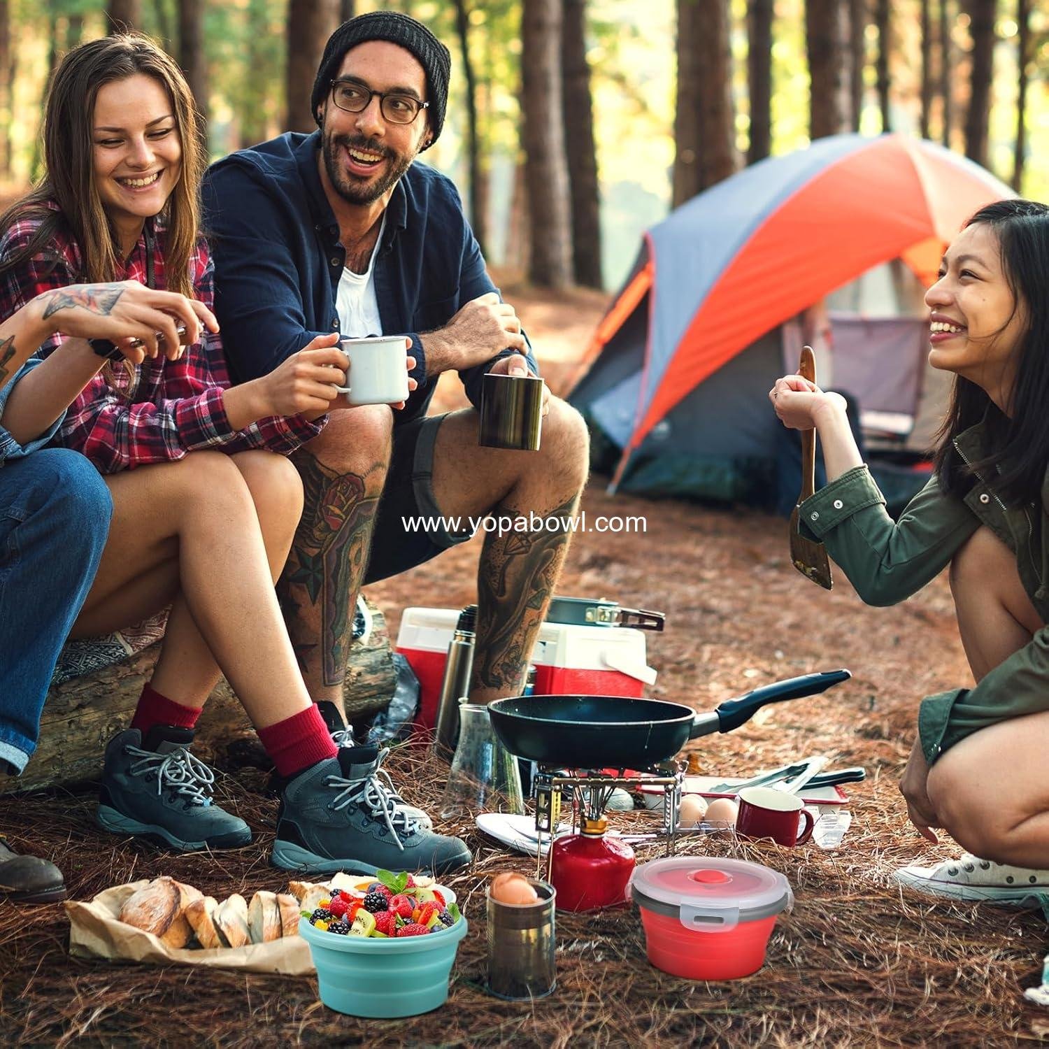 Wholesale Collapsible Silicone Camping Bowls with Lid - 4 Pcs Expandable Lunch Boxes for Hiking and Travel - 12 oz Salad Food Storage Containers (Red, Pink, Blue, Green) - Factory