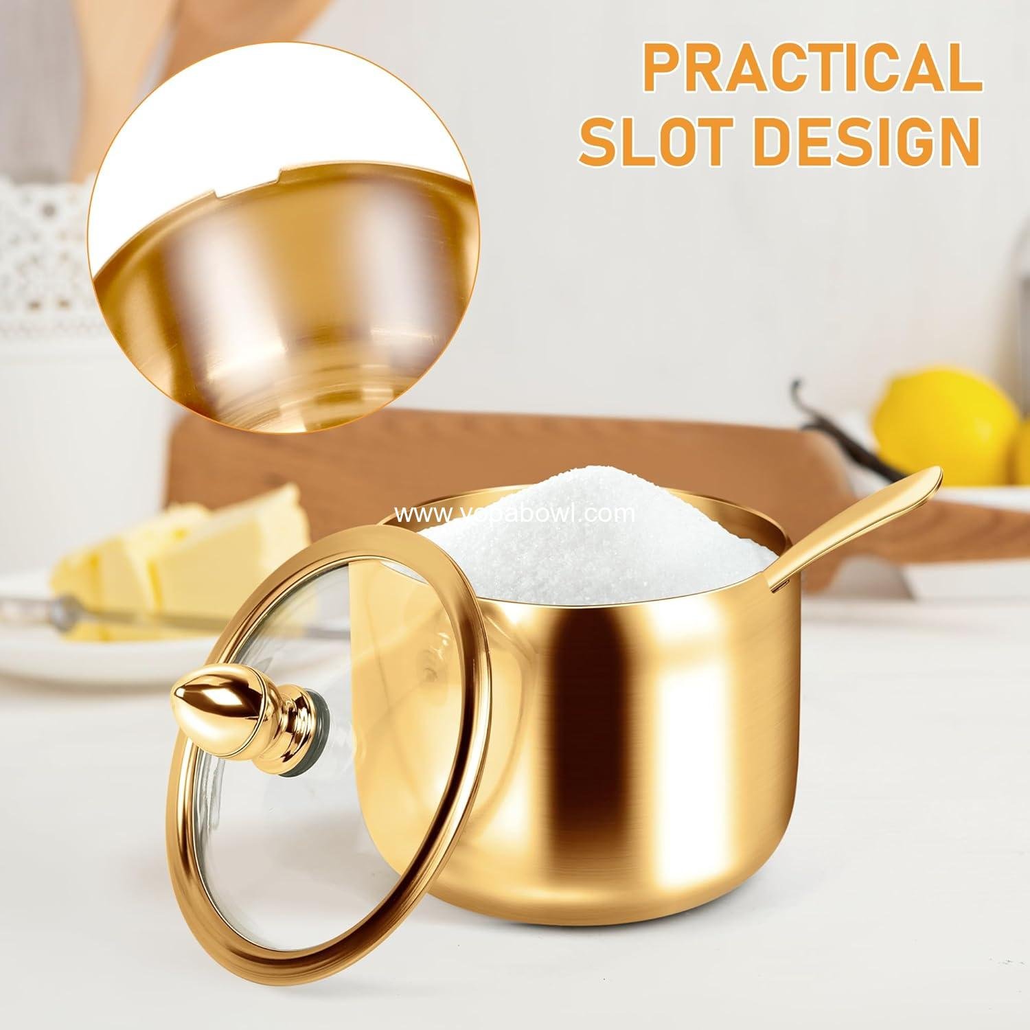 Wholesale Glass Sugar Container with Lid and Spoon - 10oz Gold Sugar Bowl for Coffee Stations, Kitchen Storage for Salt, Candy, Coffee Beans (Gold) Manufacturer Wholesale Glass Sugar Container with Lid and Spoon - 10oz Gold Sugar Bowl for Coffee Stations, Kitchen Storage for Salt, Candy, Coffee Beans (Gold) Manufacturer
