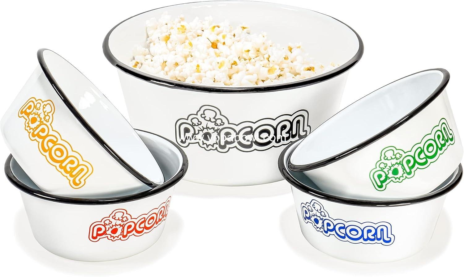 Wholesale Set of 5 White Enamelware Metal Classic 4 Quart and 1.2 Quart Popcorn Bowls with Assorted Color Prints and Black Rim Factory Wholesale Set of 5 White Enamelware Metal Classic 4 Quart and 1.2 Quart Popcorn Bowls with Assorted Color Prints and Black Rim Factory