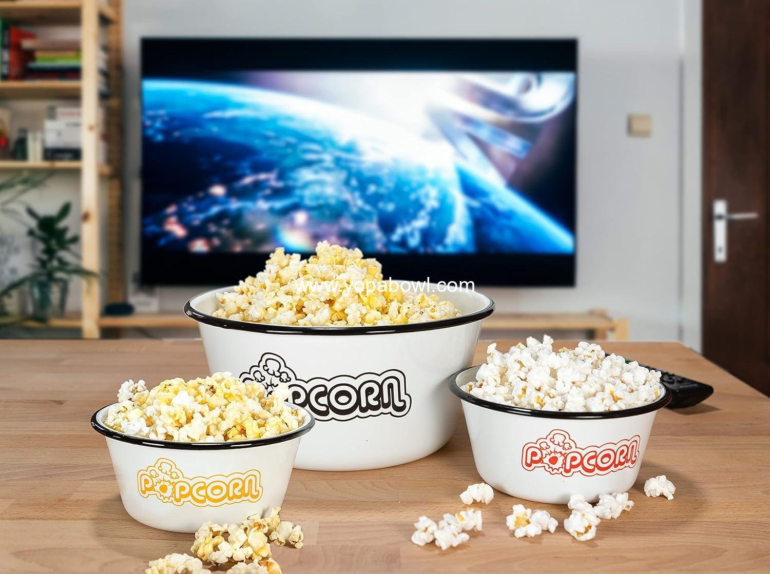 Wholesale Set of 5 White Enamelware Metal Classic 4 Quart and 1.2 Quart Popcorn Bowls with Assorted Color Prints and Black Rim Factory Wholesale Set of 5 White Enamelware Metal Classic 4 Quart and 1.2 Quart Popcorn Bowls with Assorted Color Prints and Black Rim Factory