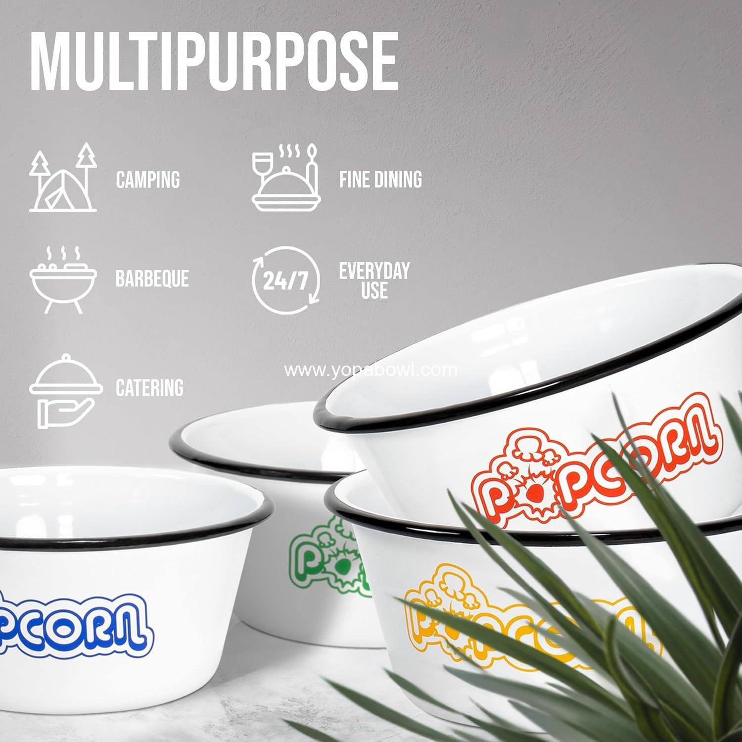 Wholesale Set of 5 White Enamelware Metal Classic 4 Quart and 1.2 Quart Popcorn Bowls with Assorted Color Prints and Black Rim Factory Wholesale Set of 5 White Enamelware Metal Classic 4 Quart and 1.2 Quart Popcorn Bowls with Assorted Color Prints and Black Rim Factory