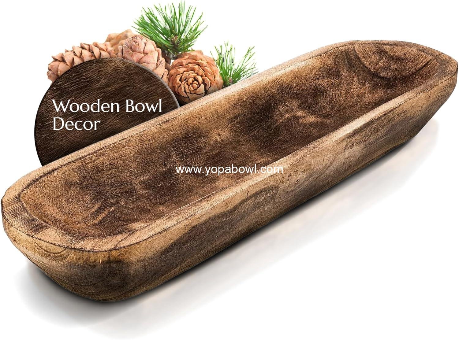 Wooden Dough Bowl for Decor - 17¾ in Long Hand Carved Paulownia, Large Rustic Decorative Bowl for Home Table Centerpiece, Keys, Entryway Table, Catchall Tray & Wooden Dining Room Centerpiece
