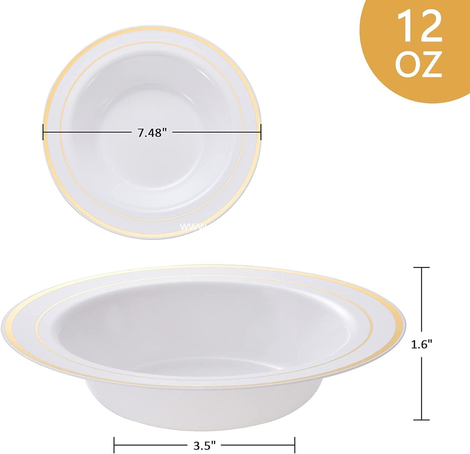 Wholesale 30PCS Disposable Plastic Bowls with Gold Rim, 12oz Fancy White Salad and Dessert Bowls Perfect for Party, Wedding, and Everyday Use Factory Wholesale 30PCS Disposable Plastic Bowls with Gold Rim, 12oz Fancy White Salad and Dessert Bowls Perfect for Party, Wedding, and Everyday Use Factory