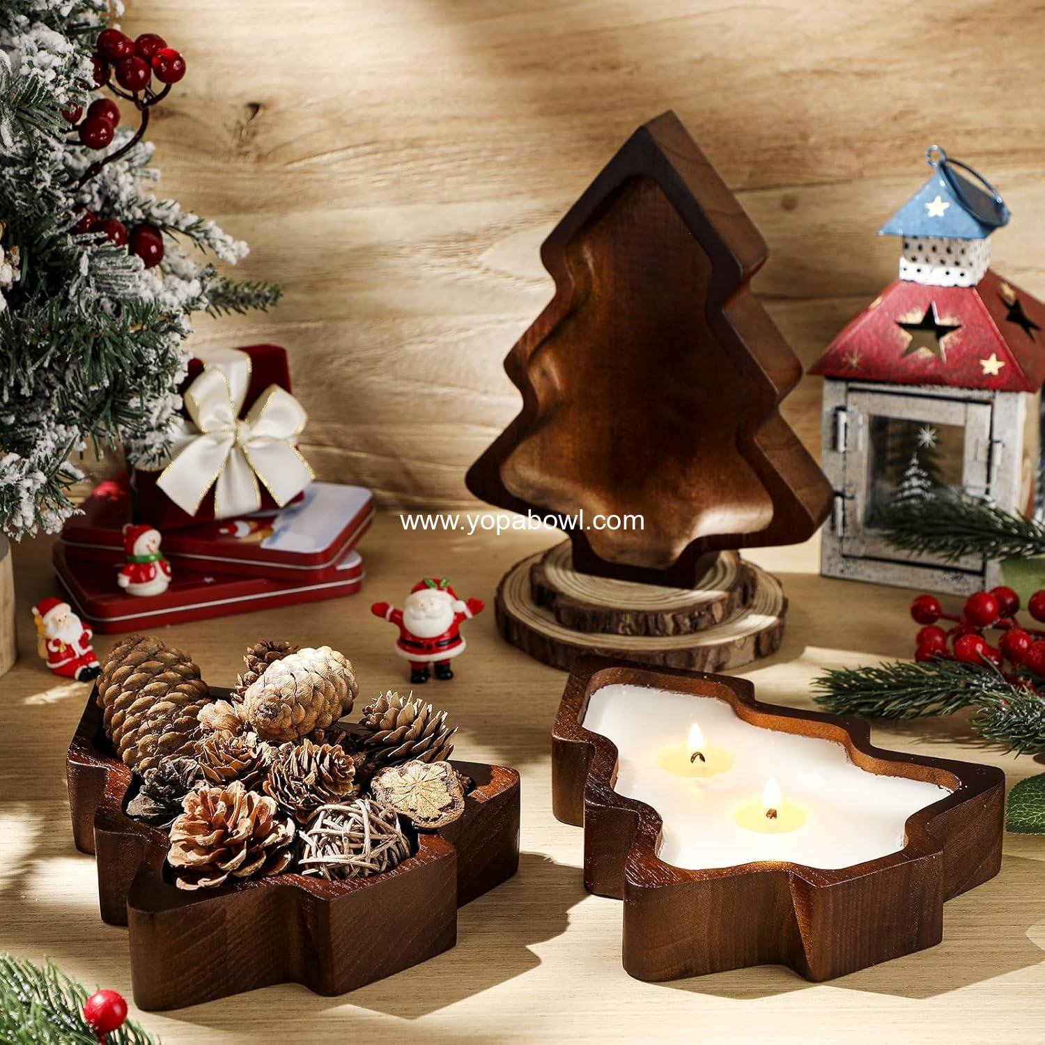 Wholesale 8 Pcs Christmas Wooden Candle Bowl Tray Dough Charcuterie Board Rustic Xmas Sushi Plate Hand Carved Paulownia Bowls for DIY Candles Decoration and Dining Factory
