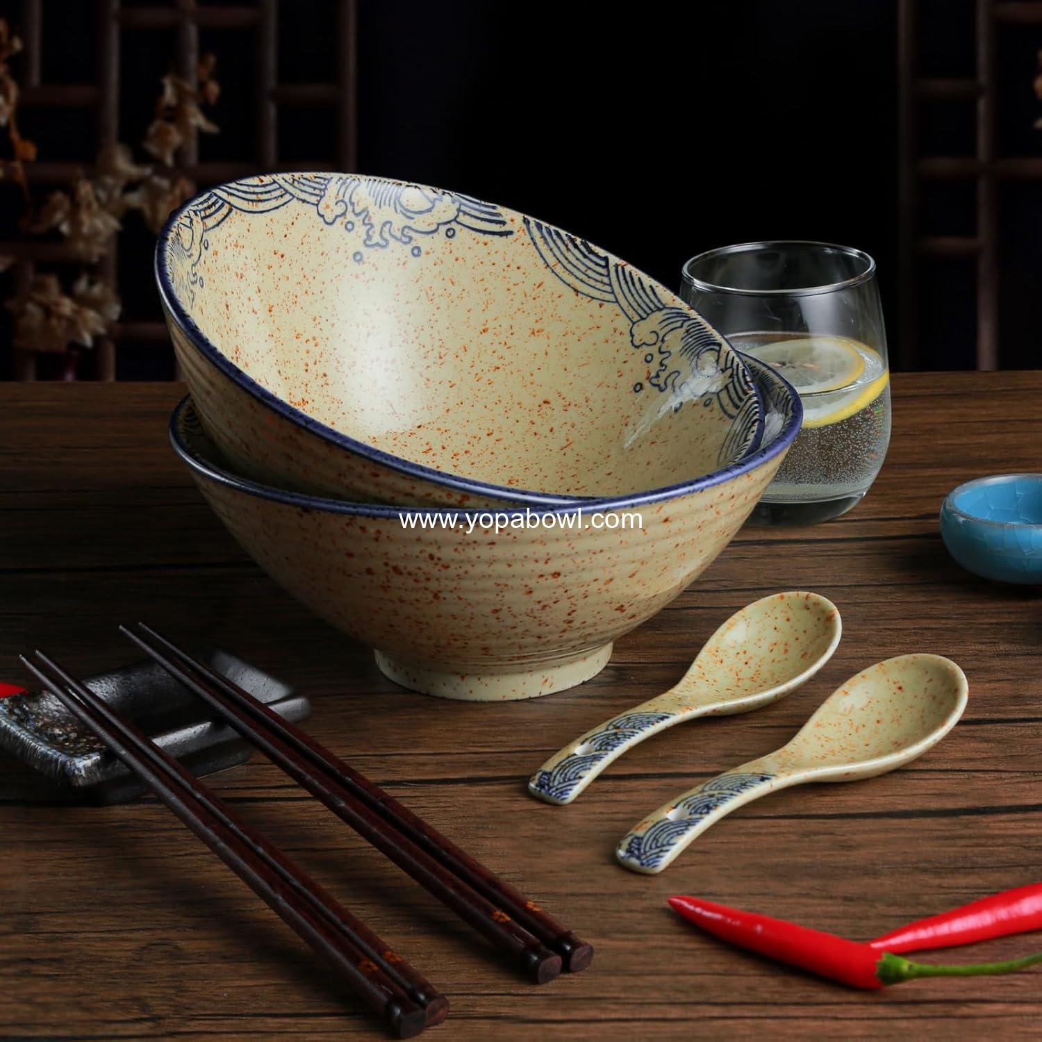 Wholesale Ceramic Ramen Bowl Set of 2, 40oz Large Porcelain Noodle Bowls with Spoons & Chopsticks, Microwave & Dishwasher Safe Retro Style Tableware for Pho, Udon, Factory Wholesale Ceramic Ramen Bowl Set of 2, 40oz Large Porcelain Noodle Bowls with Spoons & Chopsticks, Microwave & Dishwasher Safe Retro Style Tableware for Pho, Udon, Factory