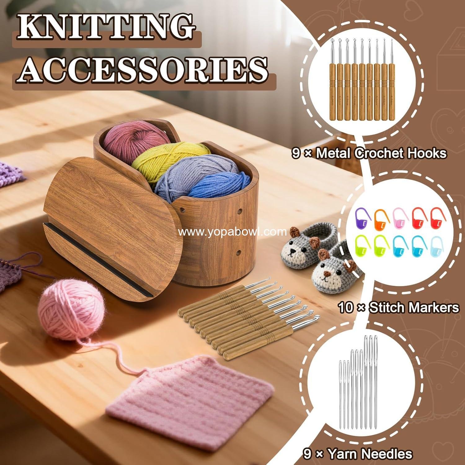 Wholesale Yarn Bowl Set - Acacia Wood Yarn Bowl with Lid and Knitting Accessories, Large 11.2