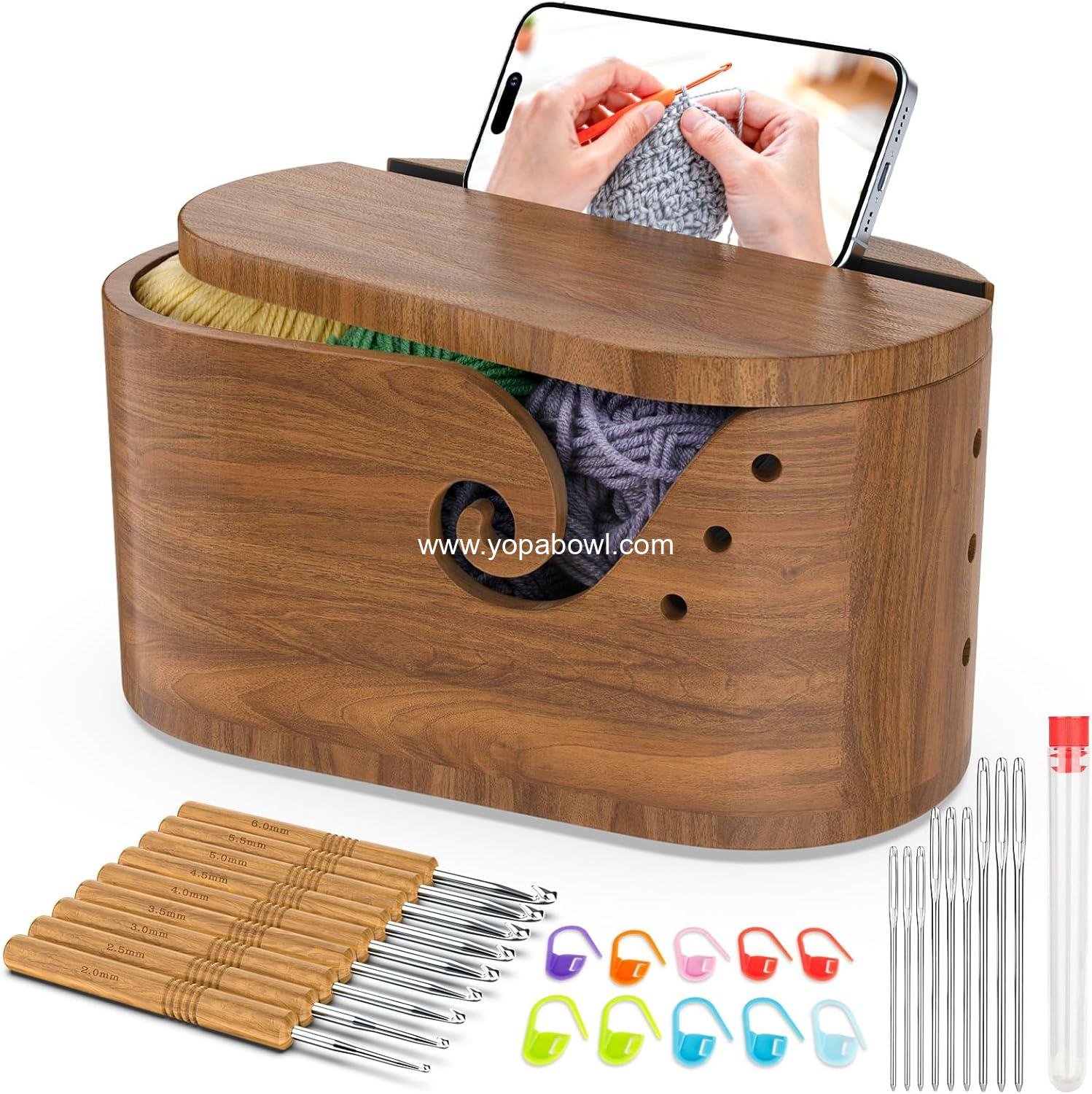 Yarn Bowl Set, Acacia Wood Yarn Bowl with Lid and Knitting Accessories, Large Yarn Bowls for Crocheting and Knitting, Crochet Bowl for Knitters(11.2" x 5.9" x 4.9")