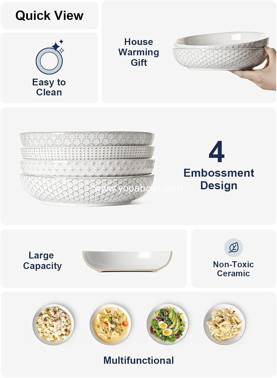 Wholesale Ceramic Embossed Pasta Bowls, 42oz Large Salad Plates for Fruits, Noodles, Dinner, Housewarming Wedding Gift - 9 Inch, Set of 4, Arctic White Factory