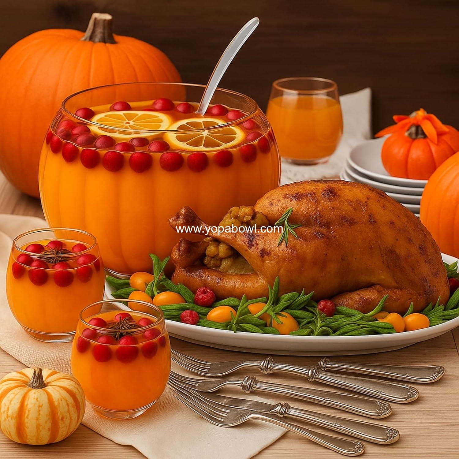 Wholesale Glass Fall Pumpkin Punch Bowl Set - 1 Large Bowl, 6 Cups, 1 Ladle for Thanksgiving, Halloween, Autumn Parties, Centerpiece Decoration Factory