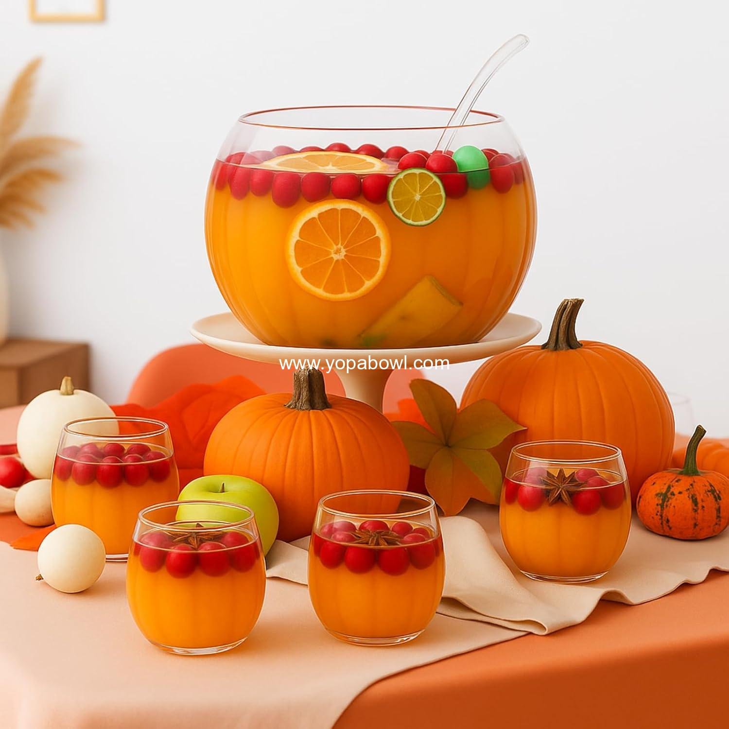 Wholesale Glass Fall Pumpkin Punch Bowl Set - 1 Large Bowl, 6 Cups, 1 Ladle for Thanksgiving, Halloween, Autumn Parties, Centerpiece Decoration Factory