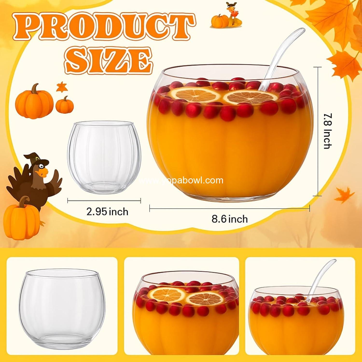 Wholesale Glass Fall Pumpkin Punch Bowl Set - 1 Large Bowl, 6 Cups, 1 Ladle for Thanksgiving, Halloween, Autumn Parties, Centerpiece Decoration Factory