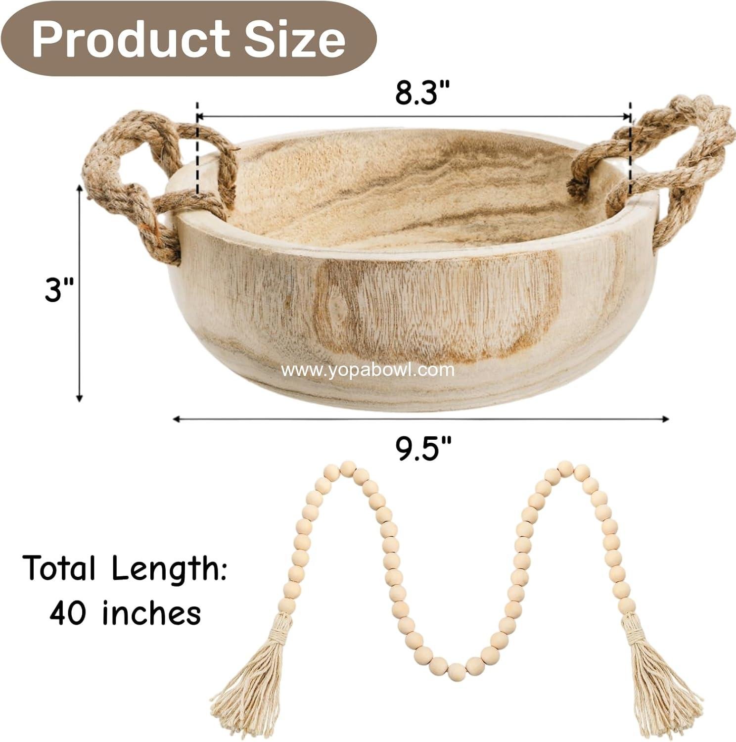 Wholesale 9.5 Inch Paulownia Wood Dough Bowl with Rope Handles and Bead Garland, Handmade Wooden Key Bowl for Tabletop Centerpiece Home Decor Factory