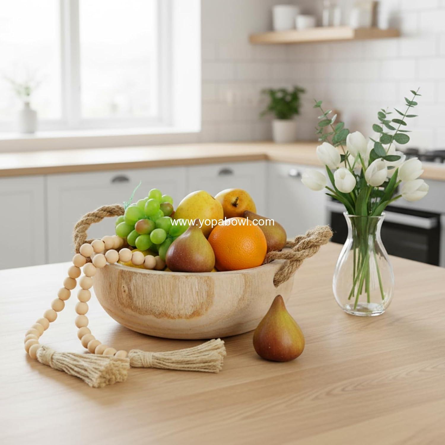 Wholesale 9.5 Inch Paulownia Wood Dough Bowl with Rope Handles and Bead Garland, Handmade Wooden Key Bowl for Tabletop Centerpiece Home Decor Factory