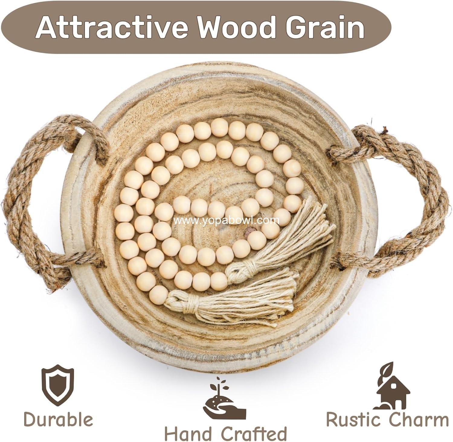 Wholesale 9.5 Inch Paulownia Wood Dough Bowl with Rope Handles and Bead Garland, Handmade Wooden Key Bowl for Tabletop Centerpiece Home Decor Factory