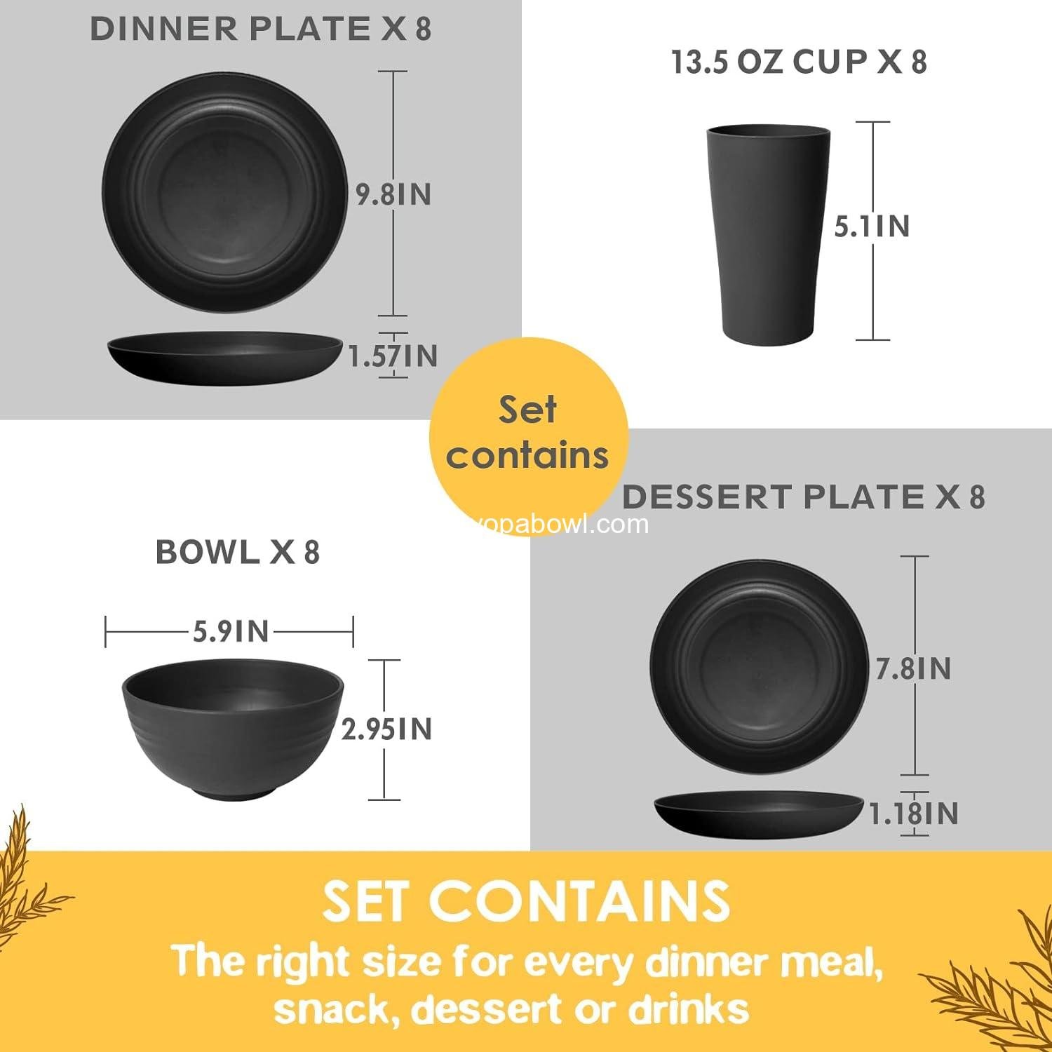 OEM 32-Piece Unbreakable Kitchen Plastic Wheat Straw Dinnerware Set, Service for 8 - Dinner Plate, Dessert Plate, Cereal Bowl, Cup, Essential for Apartment and Camping, Black Factory