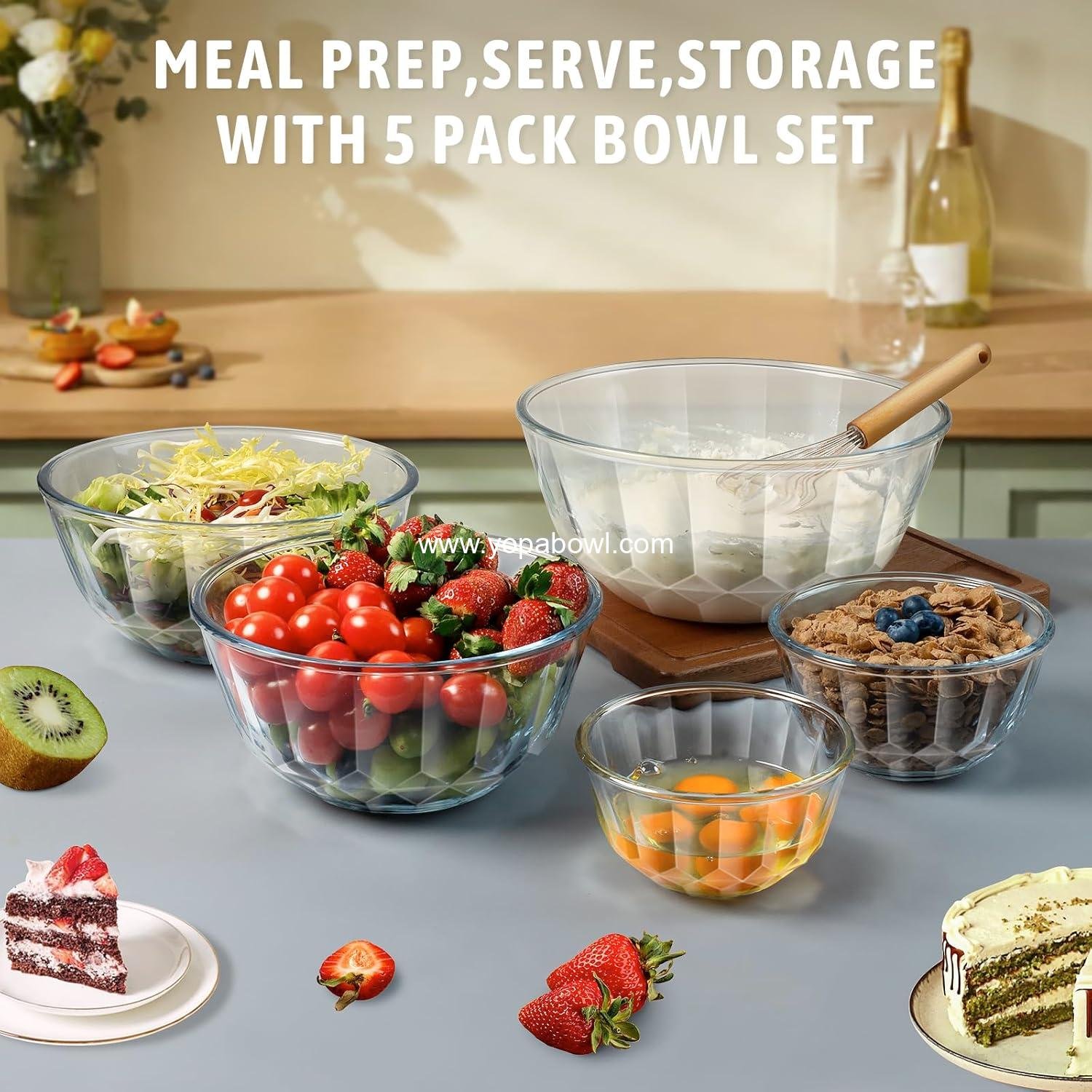 Wholesale Mixing Bowls with Airtight Lids Set - 5 Thick Glass Nesting Bowls for Kitchen Baking and Meal Prep, BPA Free, Dishwasher Safe, Sizes: 0.5 Qt, 0.8 Qt, 1.6 Qt, 2.7 Qt, 4.4 Qt, Factory