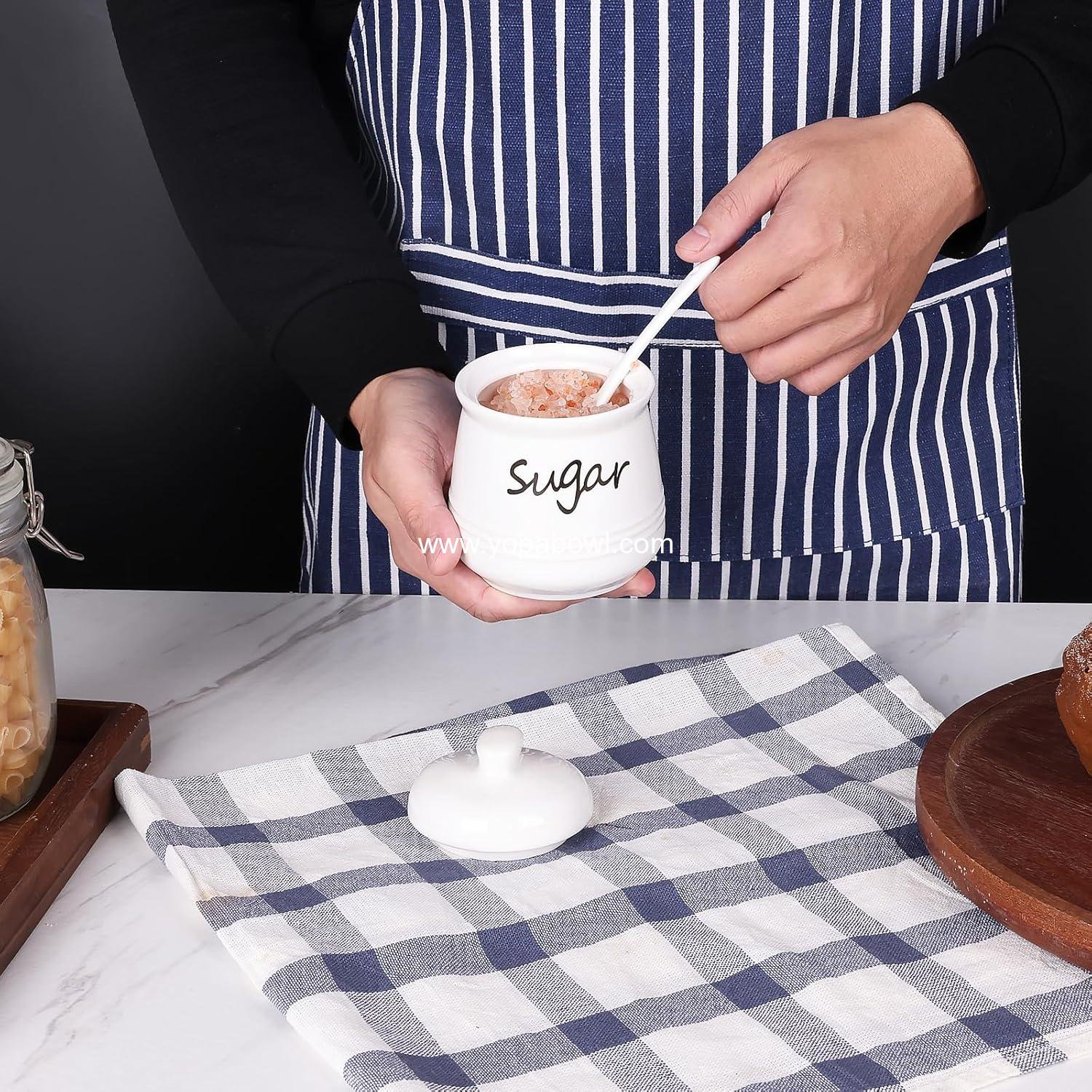 Wholesale 12oz Sugar Bowl with Lid and Spoon, Ceramic Sugar Jar Dispenser Container, Coffee Bar Accessories, Kitchen Countertop Canisters, White Factory