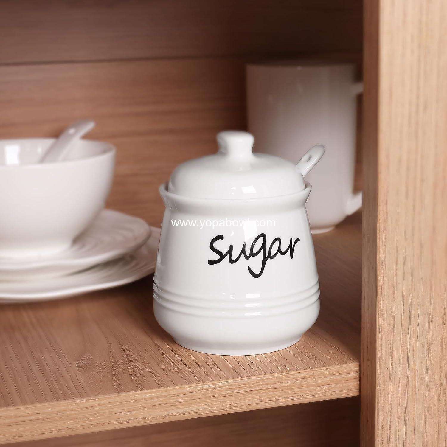 Wholesale 12oz Sugar Bowl with Lid and Spoon, Ceramic Sugar Jar Dispenser Container, Coffee Bar Accessories, Kitchen Countertop Canisters, White Factory