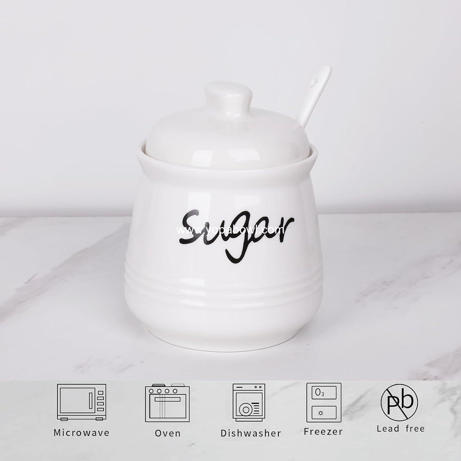 Wholesale 12oz Sugar Bowl with Lid and Spoon, Ceramic Sugar Jar Dispenser Container, Coffee Bar Accessories, Kitchen Countertop Canisters, White Factory