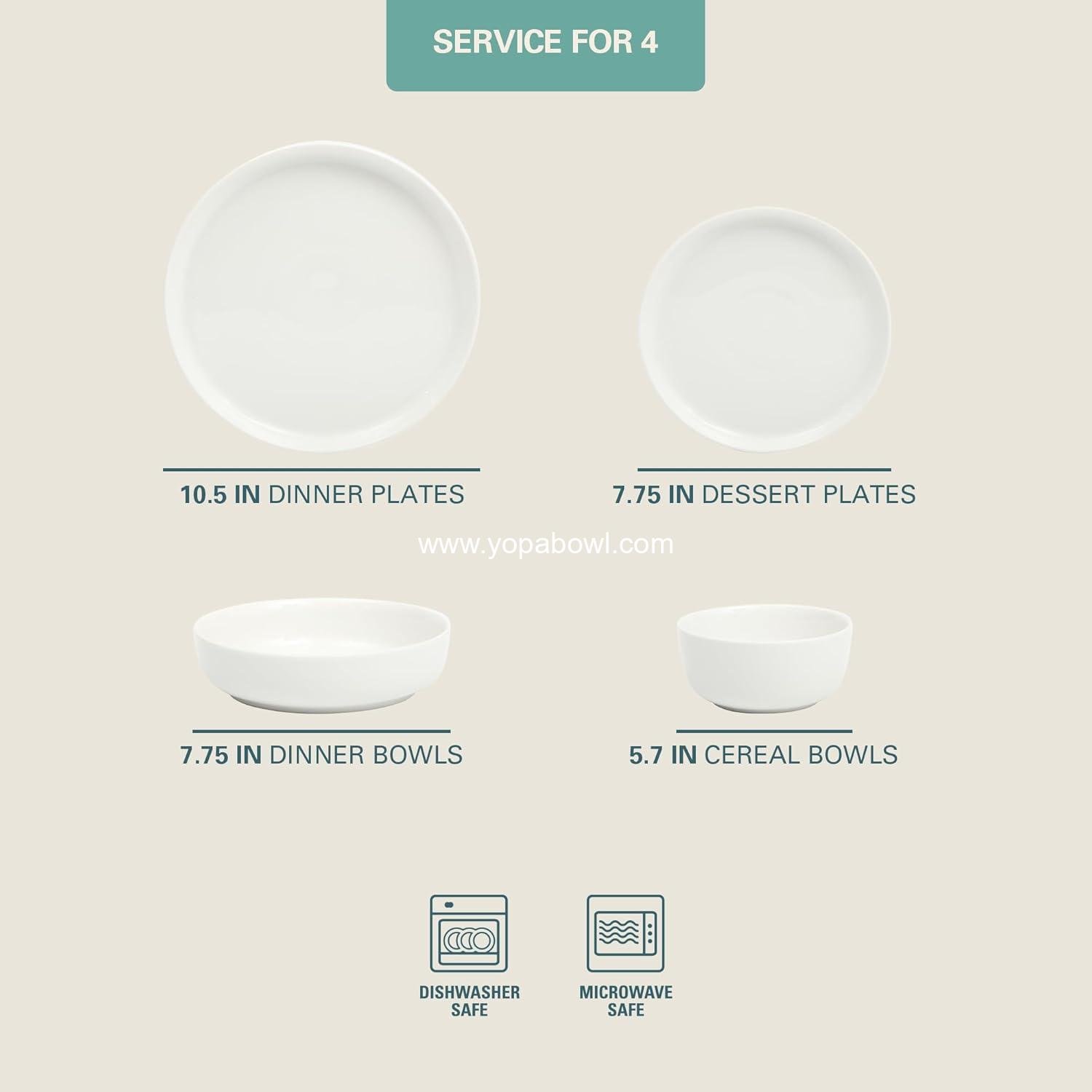 Wholesale Chip and Scratch Resistant Porcelain Dinnerware Set, Service for 4 (16pcs), Ceramic Plates and Bowls, White - Microwave and Dishwasher Safe, Factory