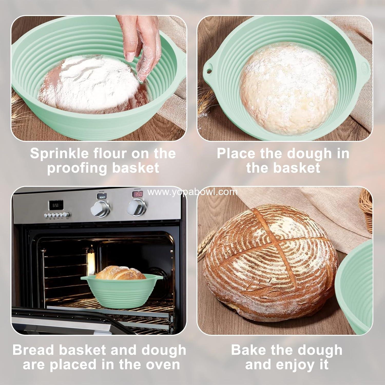 Wholesale Upgraded 9 Inch Round Silicone Sourdough Bread Proofing Basket with Handles - Reinforced Rim Support, Foldable, Oven & Dishwasher Safe, BPA Free (Green) Factory