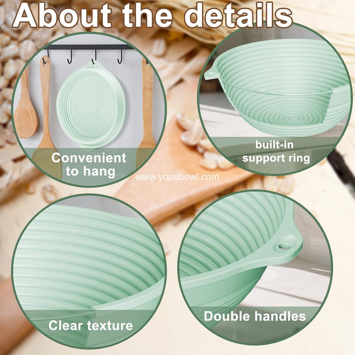 Wholesale Upgraded 9 Inch Round Silicone Sourdough Bread Proofing Basket with Handles - Reinforced Rim Support, Foldable, Oven & Dishwasher Safe, BPA Free (Green) Factory