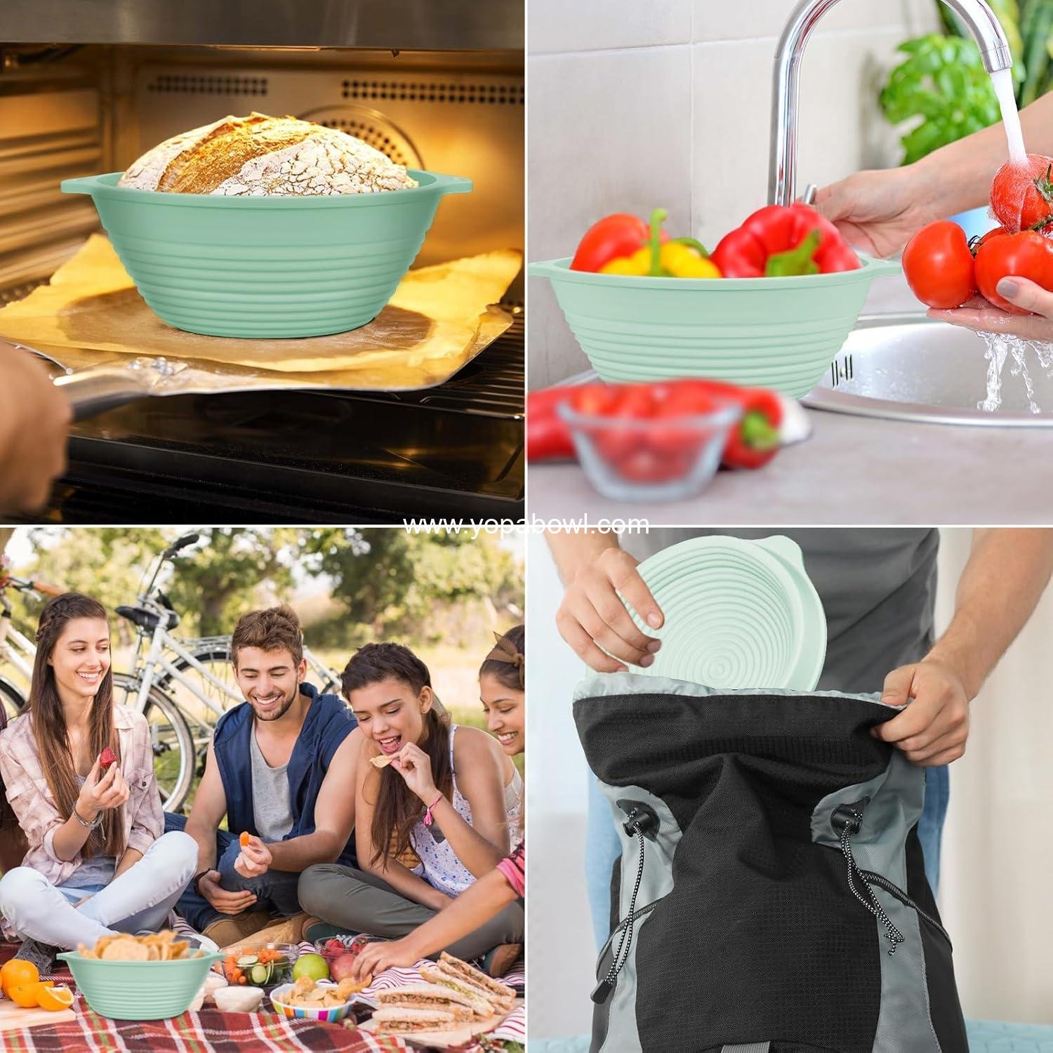 Wholesale Upgraded 9 Inch Round Silicone Sourdough Bread Proofing Basket with Handles - Reinforced Rim Support, Foldable, Oven & Dishwasher Safe, BPA Free (Green) Factory