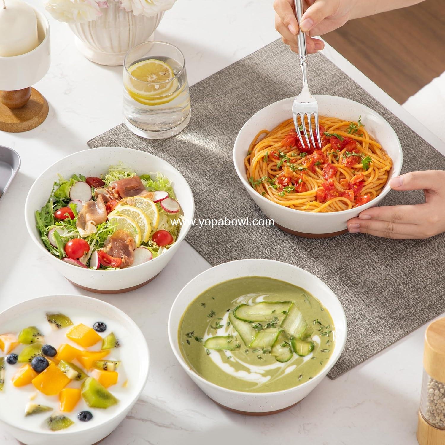 Wholesale Ceramic Soup and Salad Bowls Set of 4, 35oz Speckled Deep Bowls for Ramen, Cereal, Fruit, and Pho, Microwave & Dishwasher Safe, Vanilla White & Brown Factory