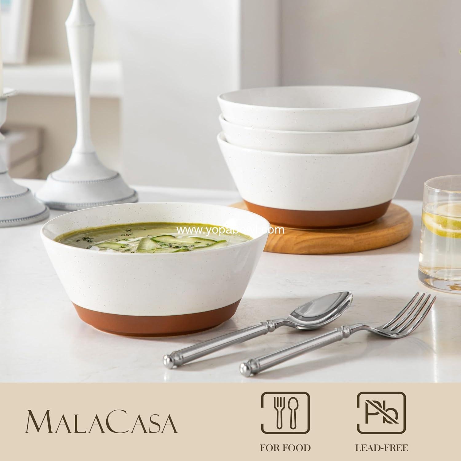 Wholesale Ceramic Soup and Salad Bowls Set of 4, 35oz Speckled Deep Bowls for Ramen, Cereal, Fruit, and Pho, Microwave & Dishwasher Safe, Vanilla White & Brown Factory