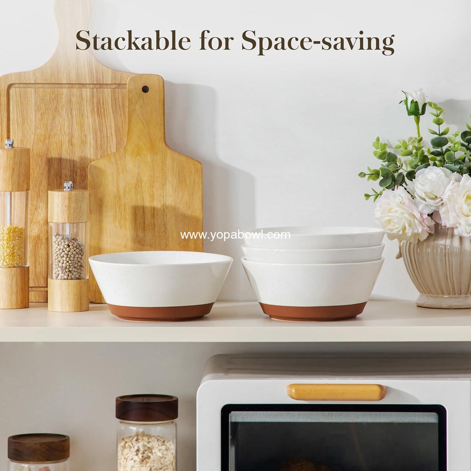 Wholesale Ceramic Soup and Salad Bowls Set of 4, 35oz Speckled Deep Bowls for Ramen, Cereal, Fruit, and Pho, Microwave & Dishwasher Safe, Vanilla White & Brown Factory