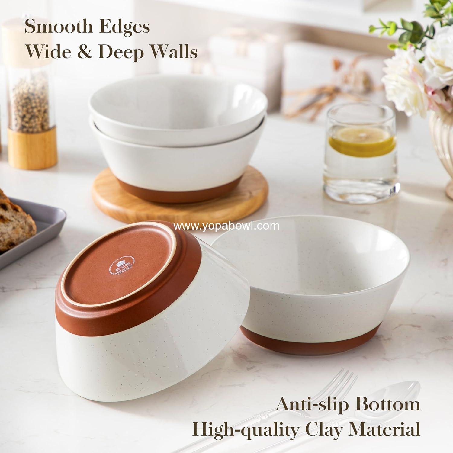 Wholesale Ceramic Soup and Salad Bowls Set of 4, 35oz Speckled Deep Bowls for Ramen, Cereal, Fruit, and Pho, Microwave & Dishwasher Safe, Vanilla White & Brown Factory