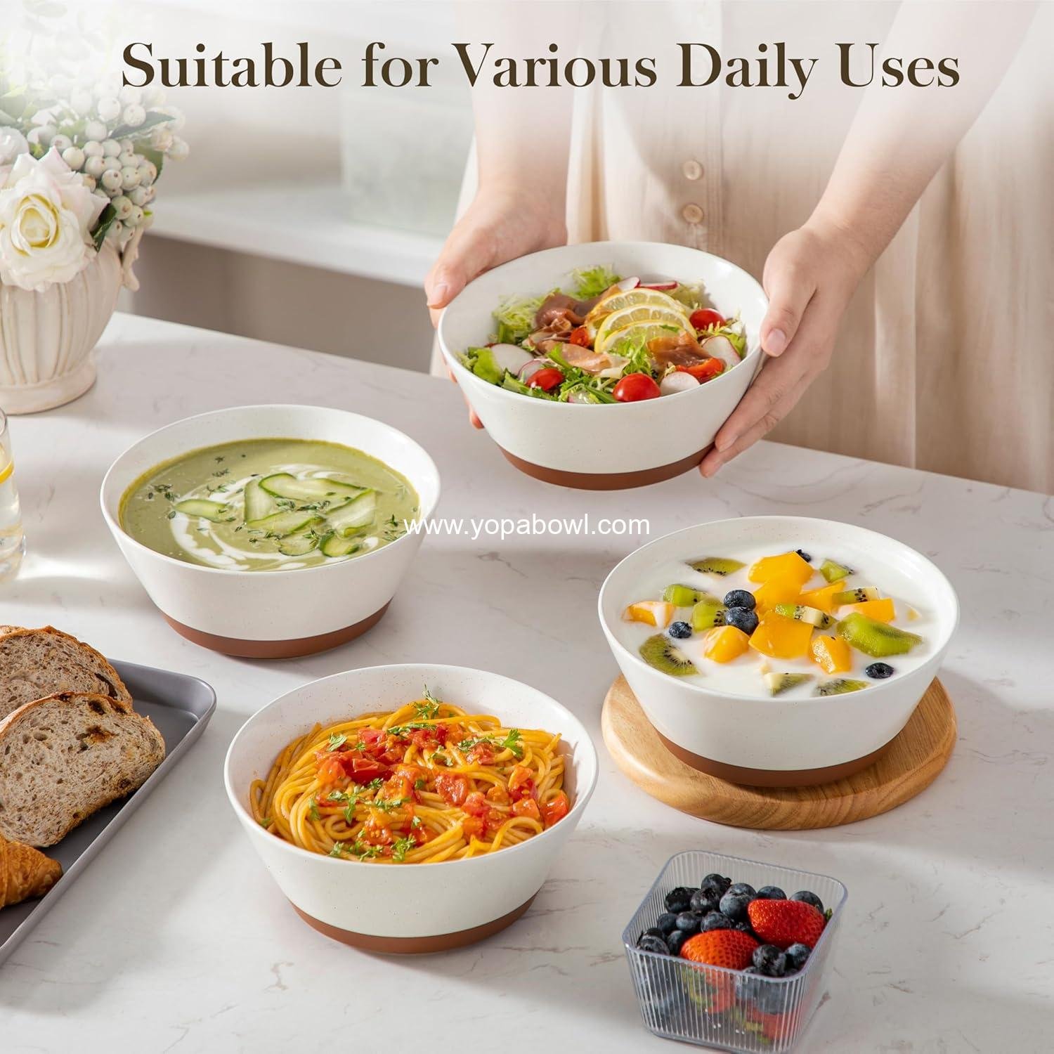 Wholesale Ceramic Soup and Salad Bowls Set of 4, 35oz Speckled Deep Bowls for Ramen, Cereal, Fruit, and Pho, Microwave & Dishwasher Safe, Vanilla White & Brown Factory