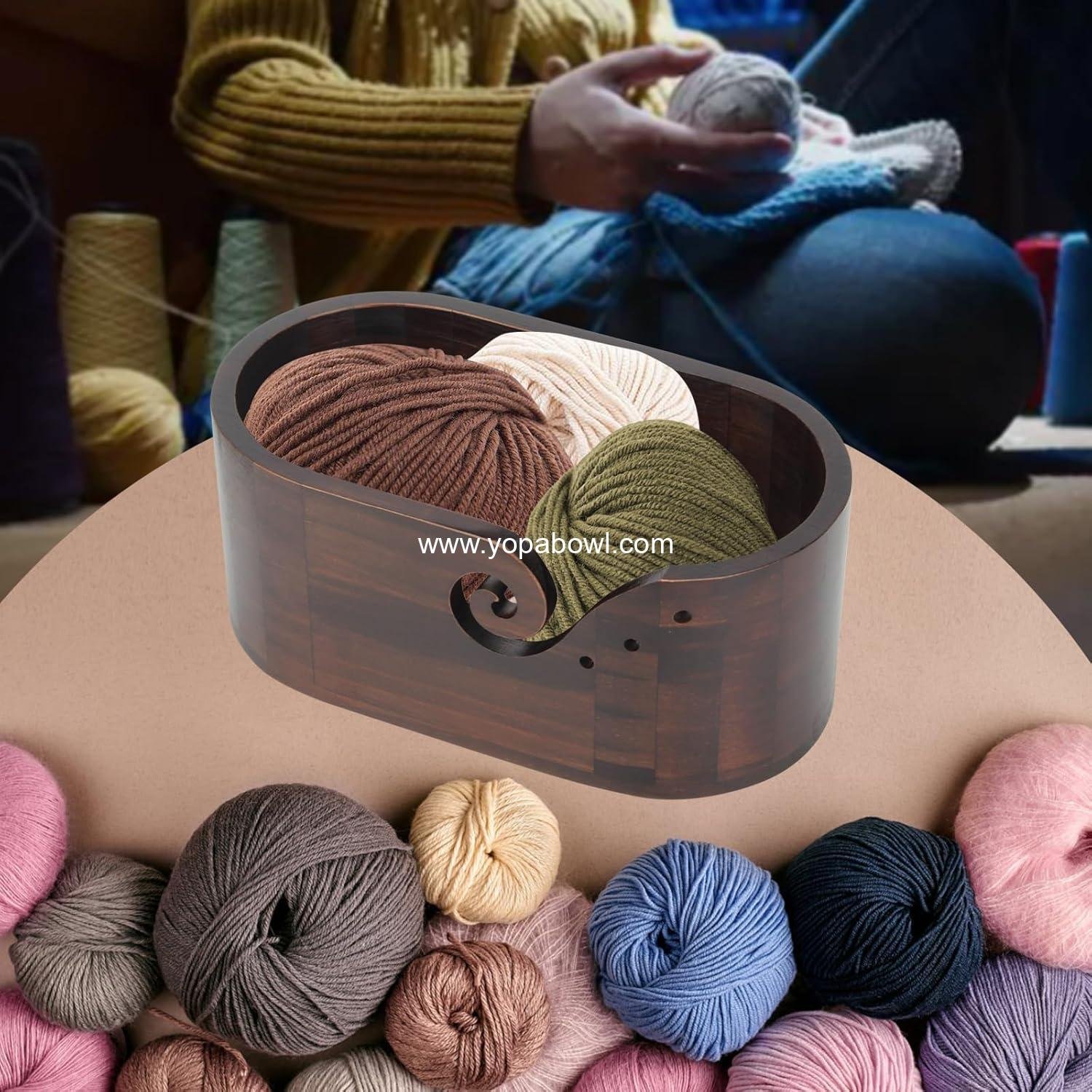 Wholesale Wooden Oval Yarn Bowl with 3 Holes and 9 Knitting Hooks - Large Handmade Crochet Yarn Holder and Storage for Crocheters Factory