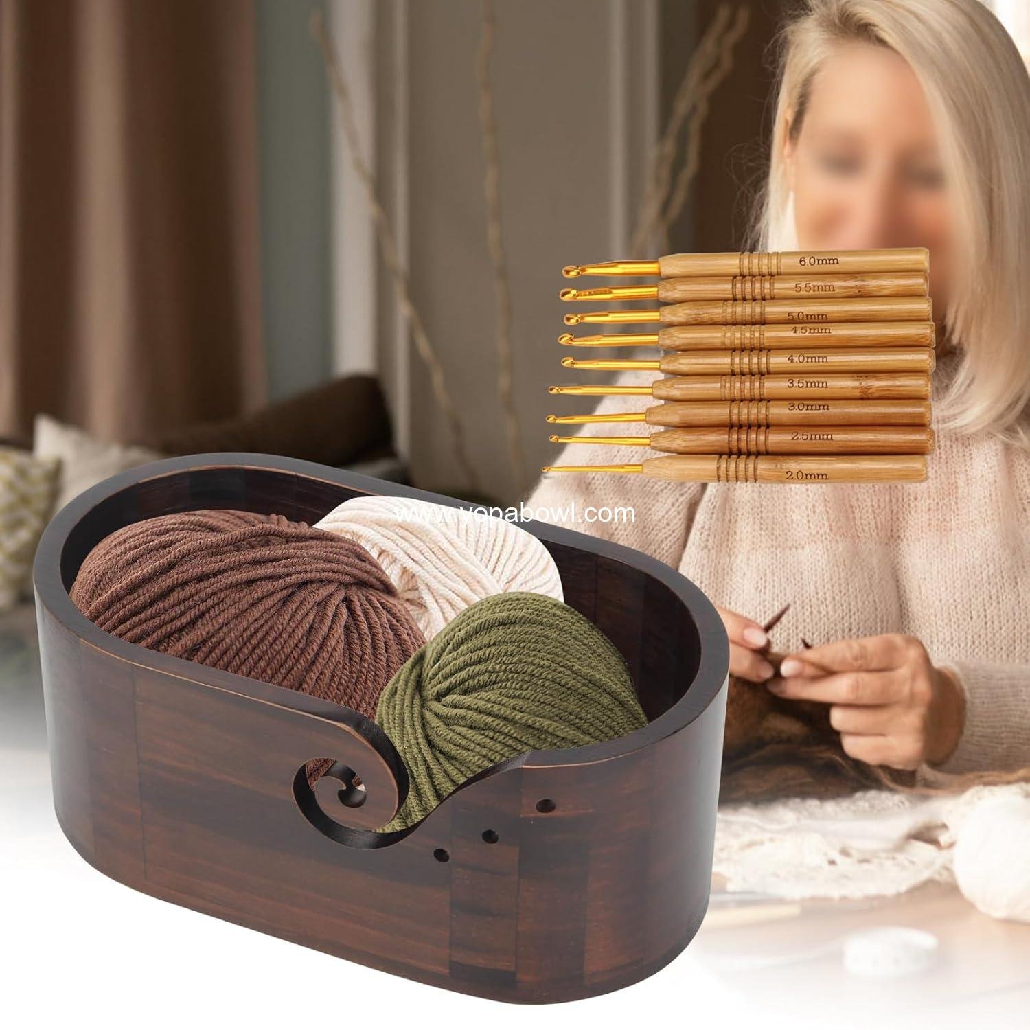 Wholesale Wooden Oval Yarn Bowl with 3 Holes and 9 Knitting Hooks - Large Handmade Crochet Yarn Holder and Storage for Crocheters Factory