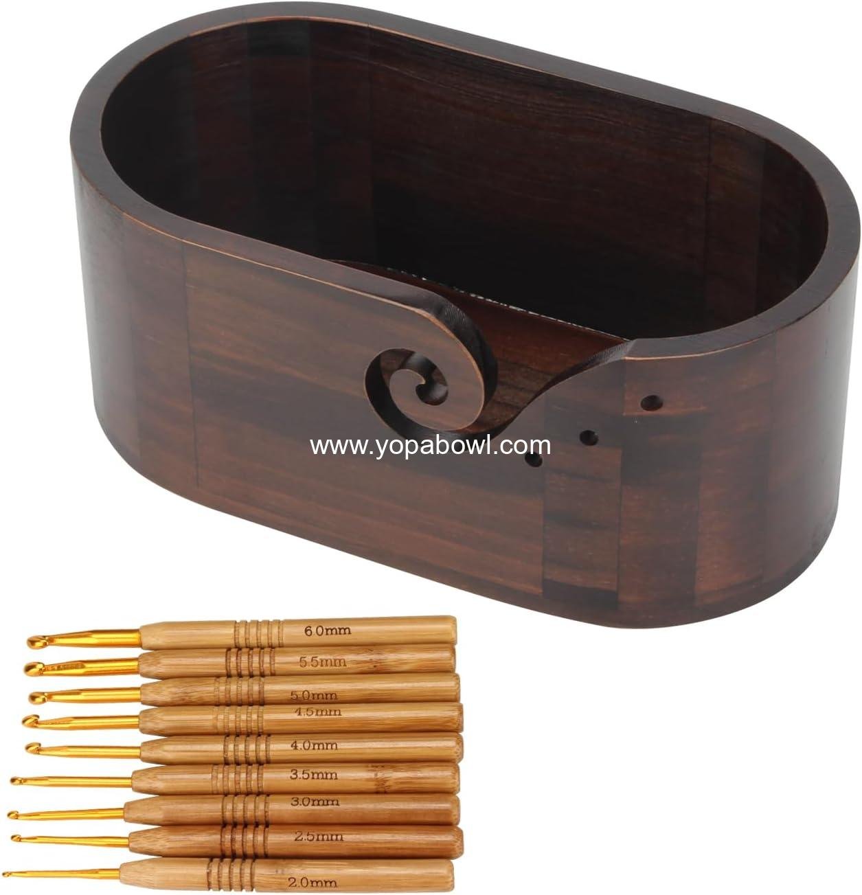 Wooden Oval Yarn Bowl with 3 Holes and 9pcs Knitting Hooks - Crochet Yarn Holder and Storage for Crocheters, Large Size Handmade