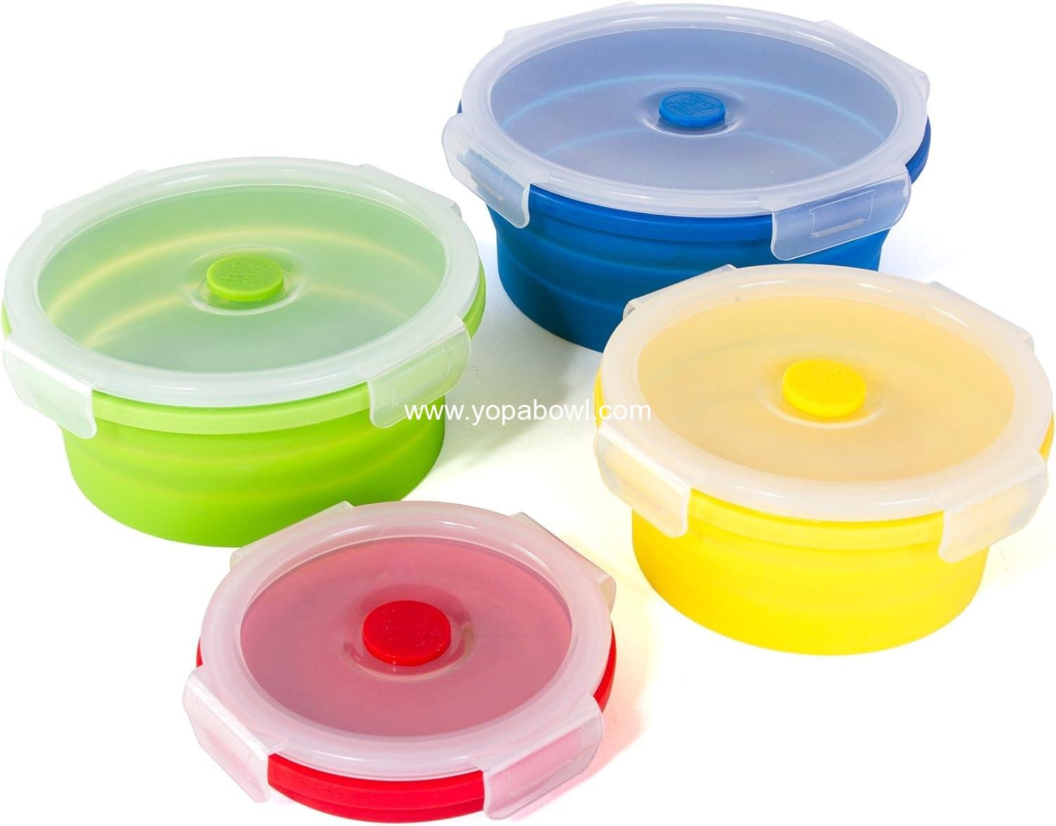 Wholesale Collapsible Round Silicone Food Storage Containers Set of 4 - BPA Free, Microwave, Dishwasher, and Freezer Safe - No more cluttered cabinet! Factory