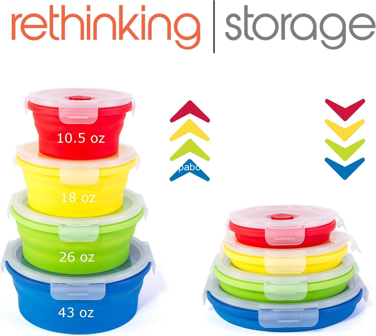 Wholesale Collapsible Round Silicone Food Storage Containers Set of 4 - BPA Free, Microwave, Dishwasher, and Freezer Safe - No more cluttered cabinet! Factory